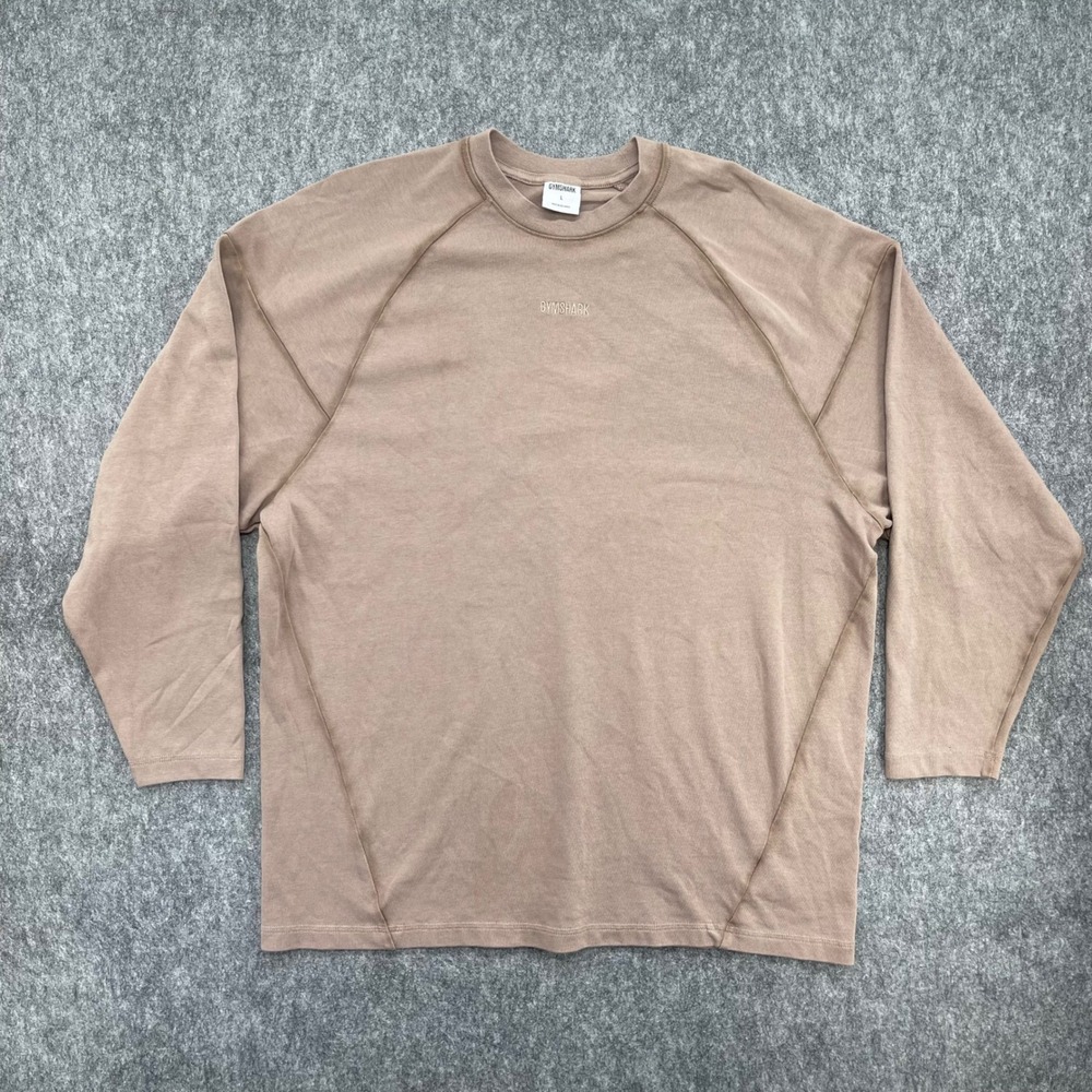 Gymshark Shirt Mens Large Tan Long Sleeve Raglan Training Top Embroidered Logo